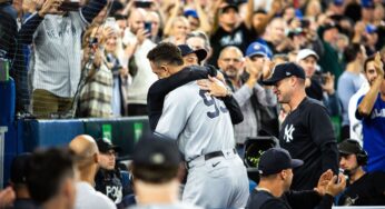 Aaron Judge, do Yankees, reage ao bater 61º home run