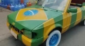 Amigos de MT pintam carro antigo com as cores do Brasil em homanagem à Copa do Catar